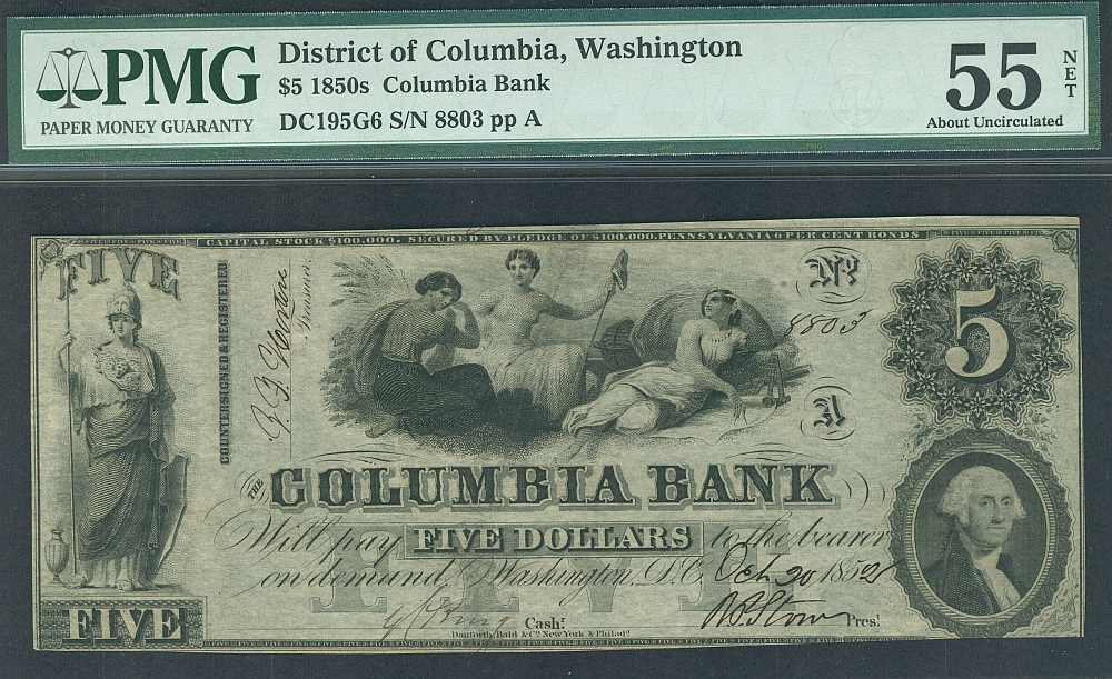 Washington, DC, The Columbia Bank $5, 10/20/1852, ChAU, 8803, PMG-55n